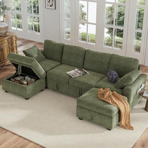 Image of Hanherry 104 inch Sectional Sofa with Pull Out Couch Bed,Corduroy 4 Seater Sleeper Sofa with Storage Ottoman & USB Charging,Comfy U Shaped Modular Couches for Living Room,Apartment