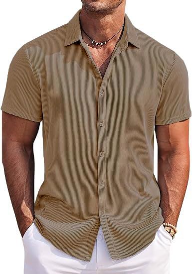 Image of CB-COLEBROOK Casual Shirt for Men|| Shirt for Men|| Men Stylish Shirt|| Men Vertical line Shirt|| Button Down Shirts Short Sleeve Fashion Textured Beach Summer Shirt Top