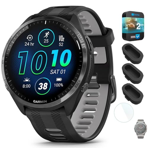 Garmin 010-02809-00 Forerunner 965 Running Smartwatch Black and Powder Gray Bundle with Silicone Dust Cover 3 Pack, 1.4 Inch Screen Protector and 2 YR CPS Enhanced Protection Pack