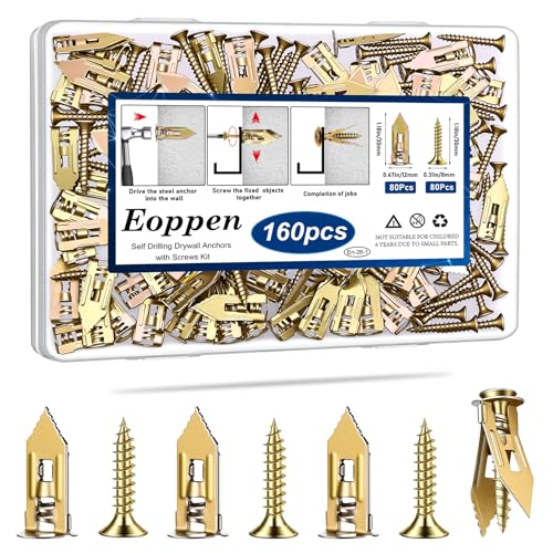 Image of 160Pcs Self Drilling Drywall Anchors with Screws, 80Pcs Sheetrock Anchors (0.47x1.18Inch) & 80Pcs Expansion Screws, Zinc Plated Steel Drywall Anchors No Drilling Required Holds Up to 66lbs