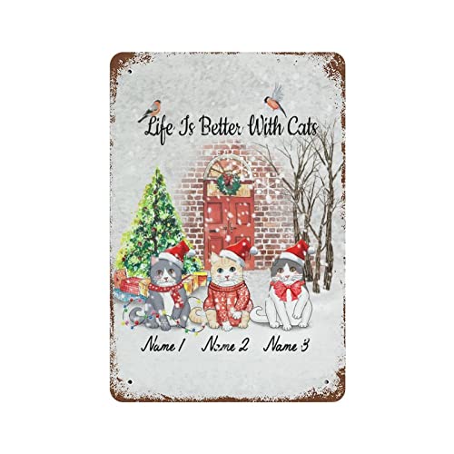 Wodevor Life Is Better With Cats Personalize Cat's Name Tin Signs Cat Lady Cat Gifts Plaque Tin Sign Personalized Signs Hanging Wall Plaque Kitchen 8"X12" #TOP28