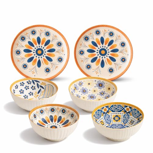 Image of 6-Piece Bohemian Porcelain Dinnerware Set | Assorted Decorative Bowls-4Pcs and Plates-2Pcs Set | Microwave & Dishwasher Safe | Blue & Yellow Mandala, Flora, Abstract & Mosaic Design