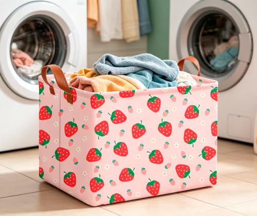 Image of CLOCOR Rectangular Storage Basket,Collapsible Storage Bin,Waterproof Books Box (Strawberry)
