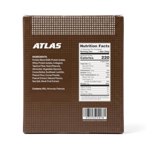 Image of Atlas Real Food High Protein Bars - 20g Protein, 12g Fiber, 1g Sugar, Clean Ingredients, No Added Sugar, No Seed Oils, No Artificial Sweeteners (Chocolate Peanut Butter, 12 Count)