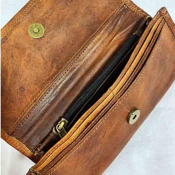 Handmade Embroidered Leather Wallet for Women – Slim Long Clutch Purse with Card Slots – Boho Brown Wallet 22x11 cm – Hand-Stitched Artisan Leather Clutch for Everyday Use & Gift Giving2