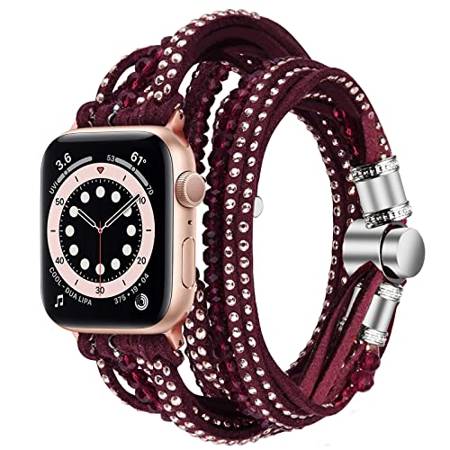 V-MORO Compatible with Apple Watch Series 7/6 45mm 44mm Bands Multilayer Wrap Bracelets Suede Leather Strap with Updated Adjustable Clasp for iWatch Series SE/5/4/3/2/1(Burgundy,42/44/45mm)