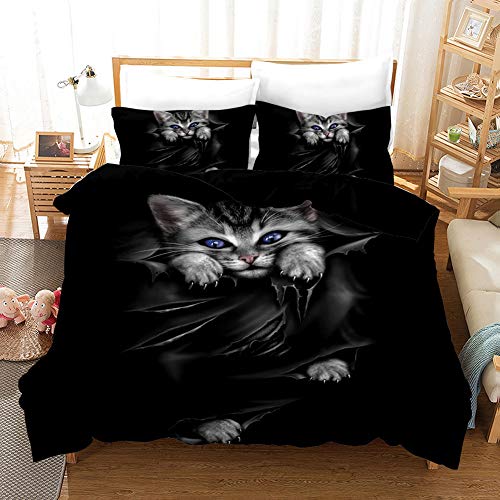 Housse de couette chat gris 140x200 microfibre avec 2 taies d'oreiller - 2