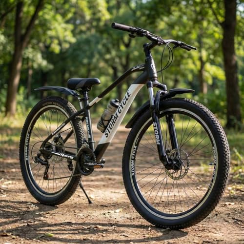 Image of Storm Brand 26 Inch Mountain Bicycle with 21 Speed Gear for Adults | Front Suspension, Dual Disc Brakes, Steel Frame, Wide Tyres,Lightweight Off-Road Bicycle for Boys & Men (Black and White)