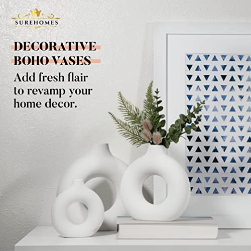 White Ceramic Vase Set Of 3 For Home Decor, Round Pampas Flower Vases, Decorative Modern Minimalist Boho Vases, Decor For Wedding Dinner Table Living Room Office Bedroom Decorative Gift, By Surehomes #TOP2