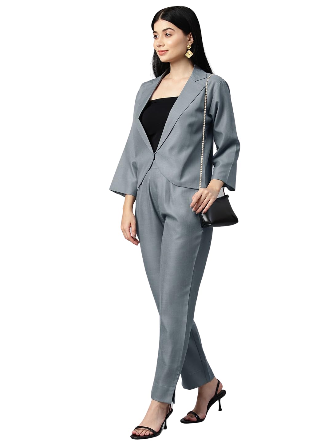 cottinfab Women Solid Grey Lapel Collared Coat and Trousers Co-ord Set-picture-23