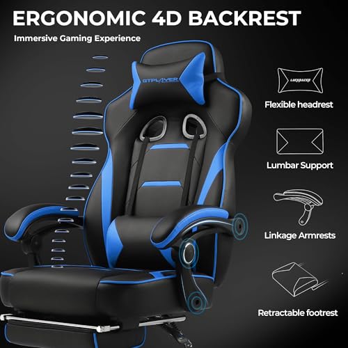 GTPLAYER Gaming Chair with Footrest, Big and Tall Game Chair 350lb Racing Style Computer Chair, Ergonomic Executive Office Chair High Back with Lumbar Support and Recliner, Blue