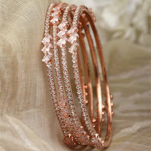 Image of ZENEME Rose Gold-Plated Lime Green & White Oval Shaped AD studded Handcrafted Bangles Set for Girls and Women (Set Of 4) (2.8)