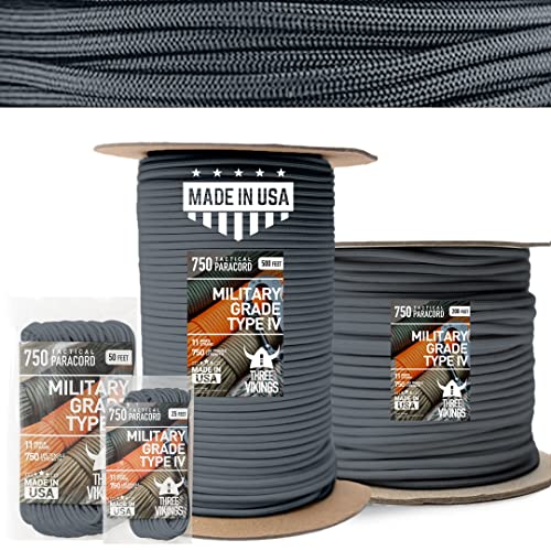 Three Vikings Premium 750Lb Tactical Paracord Rope Parachute Cord In Many Colors And Length Continuous Spools - Charcoal Gray - 100 Ft. (Coiled In Bag) - Tp750-Charcoal Gray-100 #TOP7