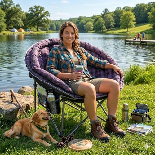 Silla de Camping Plegable XXL Redonda LANMOUNTAIN, Acolchada, Resistente hasta 400 lbs, para Exterior, Color Morado miniatura 2