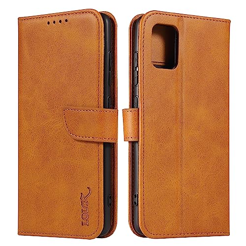 Image of LOLFZ Wallet Case for Samsung Galaxy A71, Vintage Leather Book Case with Card Holder Kickstand Magnetic Closure Flip Case Cover for Samsung Galaxy A71 - Light Brown