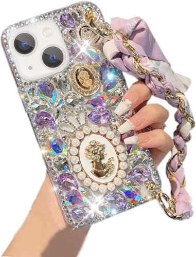 for iPhone 13 Glitter Bling Case, Cute Luxury 3D Crystal Queen Rhinestone Full Diamond with Silk Scarf Wristband Chain Women Girls Case Cover for iPhone 13 6.1 inch 2021