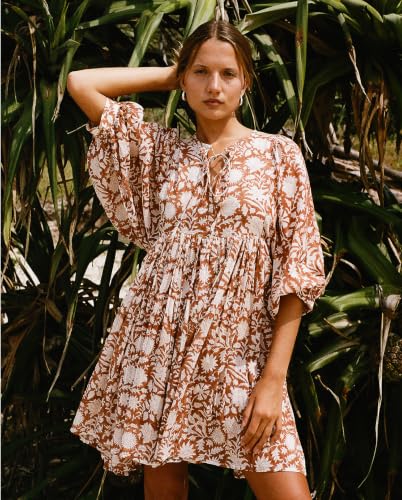 Image of Boho Dresses for Women Floral V Neck Puff SLVS Babydoll Short Beach Dress