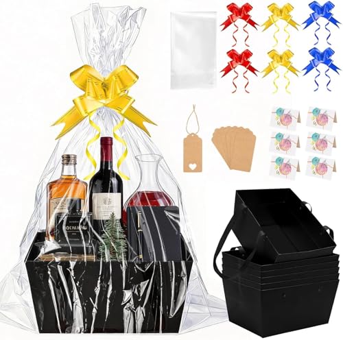 SelfTek 6 Set Gift Basket Hamper Kit Empty Black Kraft Hamper Basket with Cellophane Bags Pull Bows Tags and Greeting Cards Create Your Own Gift Baskets for Birthday Christmas Wedding (Black)