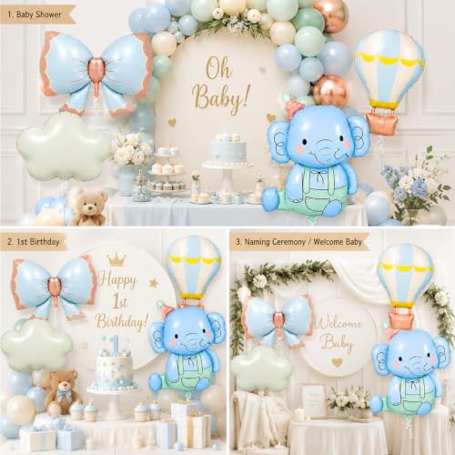 Image of Rozi Decoration Elephant Foil Balloons 4 Pcs Set for Birthday Decoration, Blue Elephant, Bow, Hot Air Balloon and Cloud Foil Balloons for Kids Party