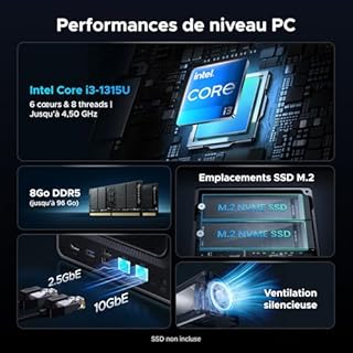 UGREEN NASync DXP4800 Pro NAS de Bureau 4 Baies, Processeur Intel i3-1315U 6 cœurs, 8 Go de RAM DDR5 Jusqu’à 96 Go, SSD 128 Go, 1 Port 10 GbE, 1 Port 2,5 GbE, 2×M.2 NVMe, HDMI 4K, (sans Disque)