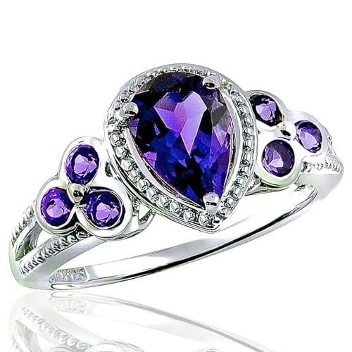 Image of 925 Sterling Silver Ring Genuine Gems Pear Shape 9x6 mm with Bezel-set Accented Gems, Rhodium-Plated Finish