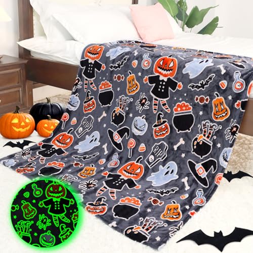 Image of Halloween Blanket Twin Size Soft Black Glowing Fall Pumpkin Throw Blanket Lightweight Fuzzy Grey Twin Bed Decoration Blanket for Bedroom Couch Sofa