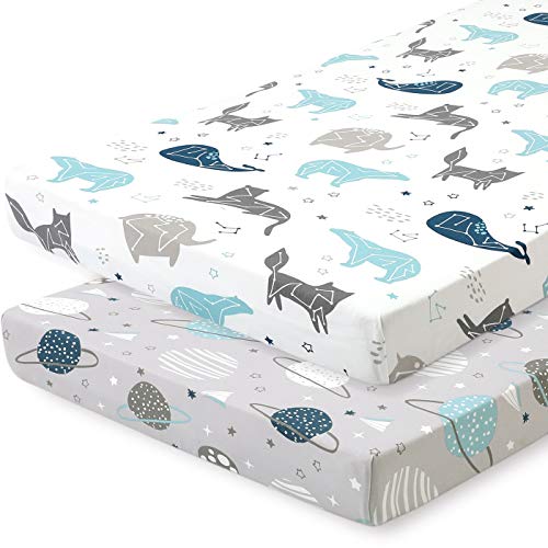 Image of Pack n Play Sheets, BROLEX 2 Pack Mini Crib Sheets,Stretchy Portable Fitted Playard Sheet Set, Convertible Playard Mattress Cover,Ultra Soft Breathable Material,Space Planet