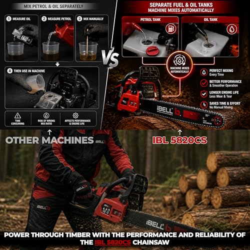 Image of iBELL IBL 5820CS Gasoline Chainsaw 58CC 2-Stroke Engine | 18-Inch (458mm) Guide Bar Petrol Chainsaw | 2.5KW Power Output | Automatic Fuel Mixing System | Stopping Switch & Petrol Indicator