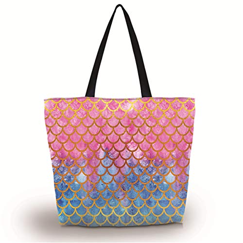 Gym Bag Shopping tote bags,Women Men Boys Girls Travel Beach Grocery shoulder bag with Zipper,Reusable Gym Picnic Work Daily Use (Mermaid Scale)