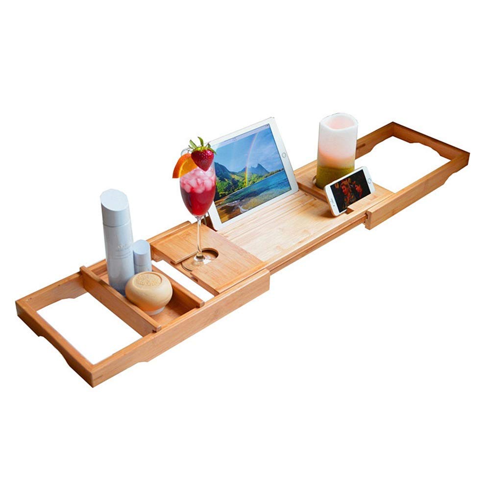 Estante para bañera, bandeja de bambú multifuncional, retráctil, soporte grande para teléfono, disfruta de tu tiempo de baño (75 x 23 x 4,5 cm, color bambú)