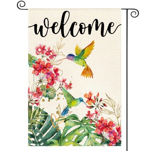 AVOIN colorlife Hummingbird Floral Welcome Garden Flag 12x18 Inch Double Sided Outside, Spring Summer Burlap Small Yard Outdoor Flag
