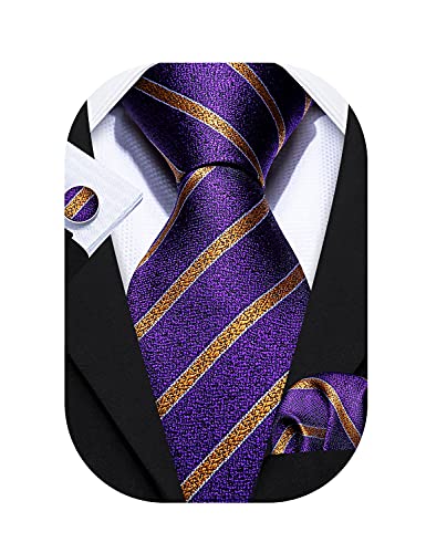 Image of Barry.Wang Tie Sets for Men Silk Stripe Necktie Woven Checkered Handkerchief Cufflinks Formal Business Wedding