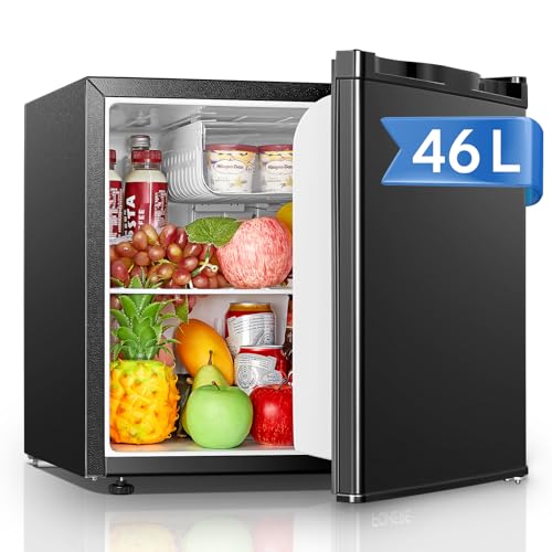 Mini Kühlschrank E 46L mit Eisfach, Kühlschrank Klein 42 dB, Wechselbarer Türanschlag, Energiesparend, Temperaturregelung, Ideal für Küche, Büro, Schlafzimmer, Hotels und kleine Wohnungen (Schwarz)