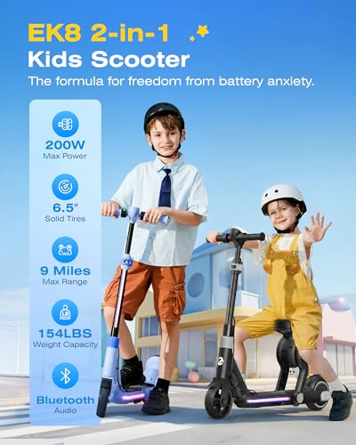 Image of ECOROAD 2-in-1 Kids Electric Scooter EK8,200W Motor & 9 Miles Range,Up to 10 MPH,Dual Brake System,Bluetooth Music & Foldable & Adjustable Height, for Kids Ages 6-12(Black)