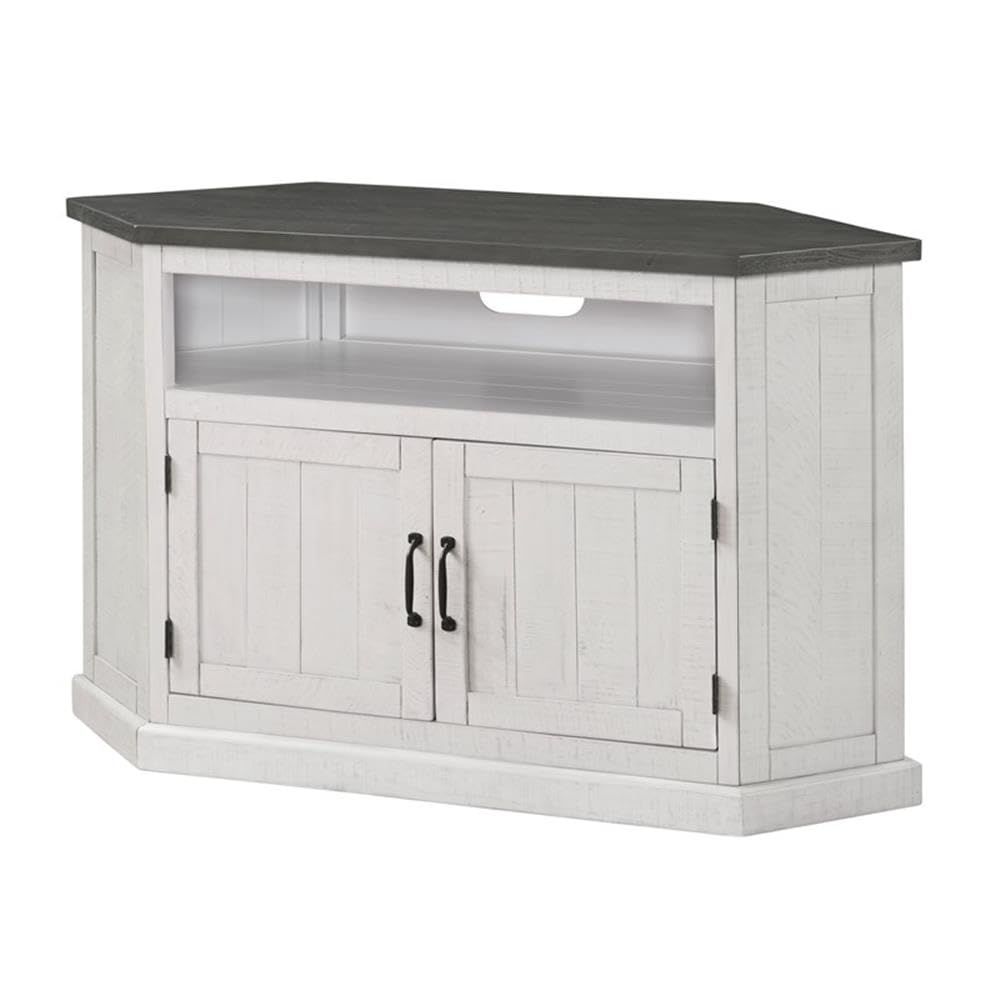Martin Svensson Home Rustic Solid Wood Corner TV Stand - Entertainment Center White Stain with Grey Stain Top