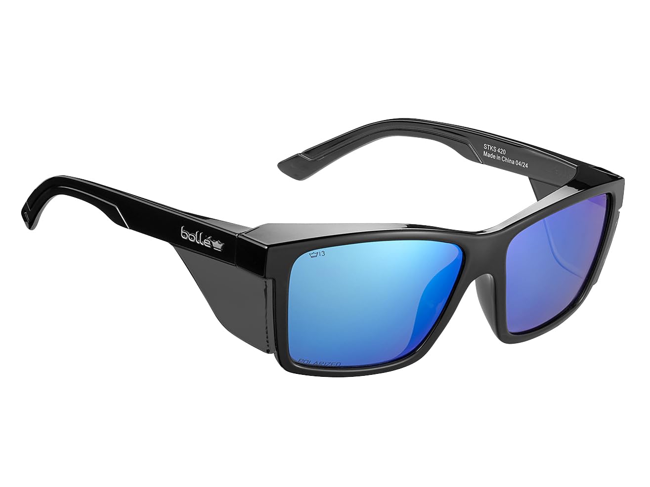 Gafas de seguridad Bollé STKS 420 con marco negro brillante y lente polarizada flash, diseñadas para apoyar la protección ocular, durabilidad y comodidad para el trabajo en el sitio y el uso