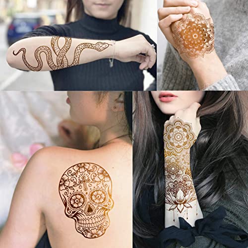 Vantaty 9 Sheets 93+ Flash Gold Temporary Tattoos For Women Hands Girls Hands Arm Sleeve Underboobs, India Tribal Bohemia Lotus Mandala Flower Skeleton Golden Metallic Tattoo Stickers Adult Butterfly Snake Dreamcatcher, Halloween Fake Glitter Tattoo Elephant #TOP2