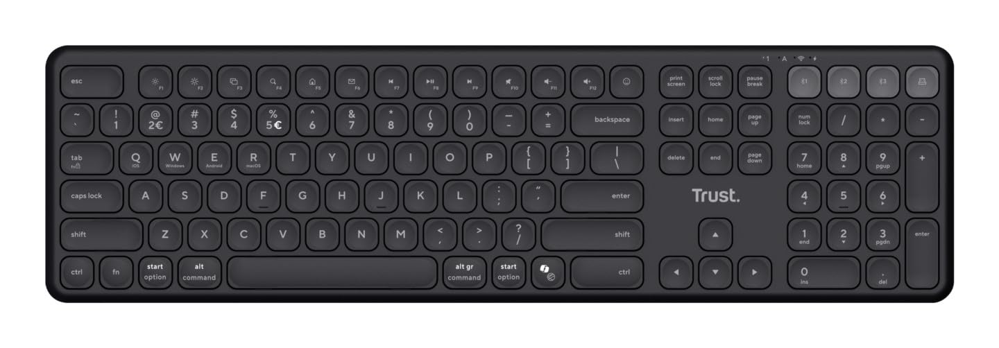 Trust Vaiya Wireless Bluetooth Keyboard + 2.4 GHz QWERTZ Layout, Standard Size Wireless Keyboard with Number Keypad, Integrated Battery, 55% Recycled Plastic, Windows iOS iPadOS macOS Android, Black