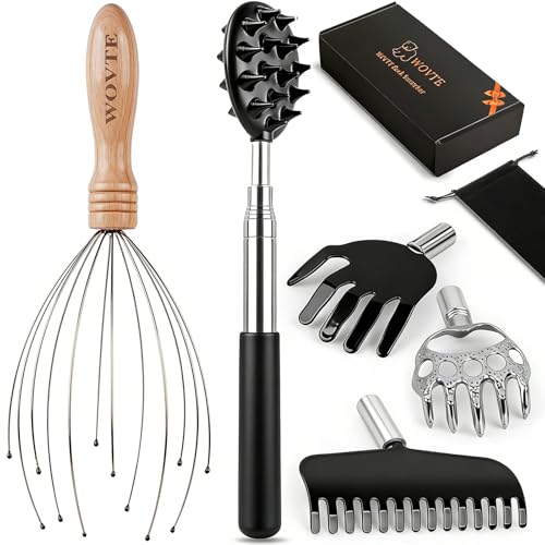 WOVTE Back Scratcher and Scalp Massager Kit – 4 in 1 Telescoping Back Scratcher for Men, 12 Fingers Head Massager for Stress Relief, Mothers Day Fathers Day Birthday Gifts for Men Women Adult