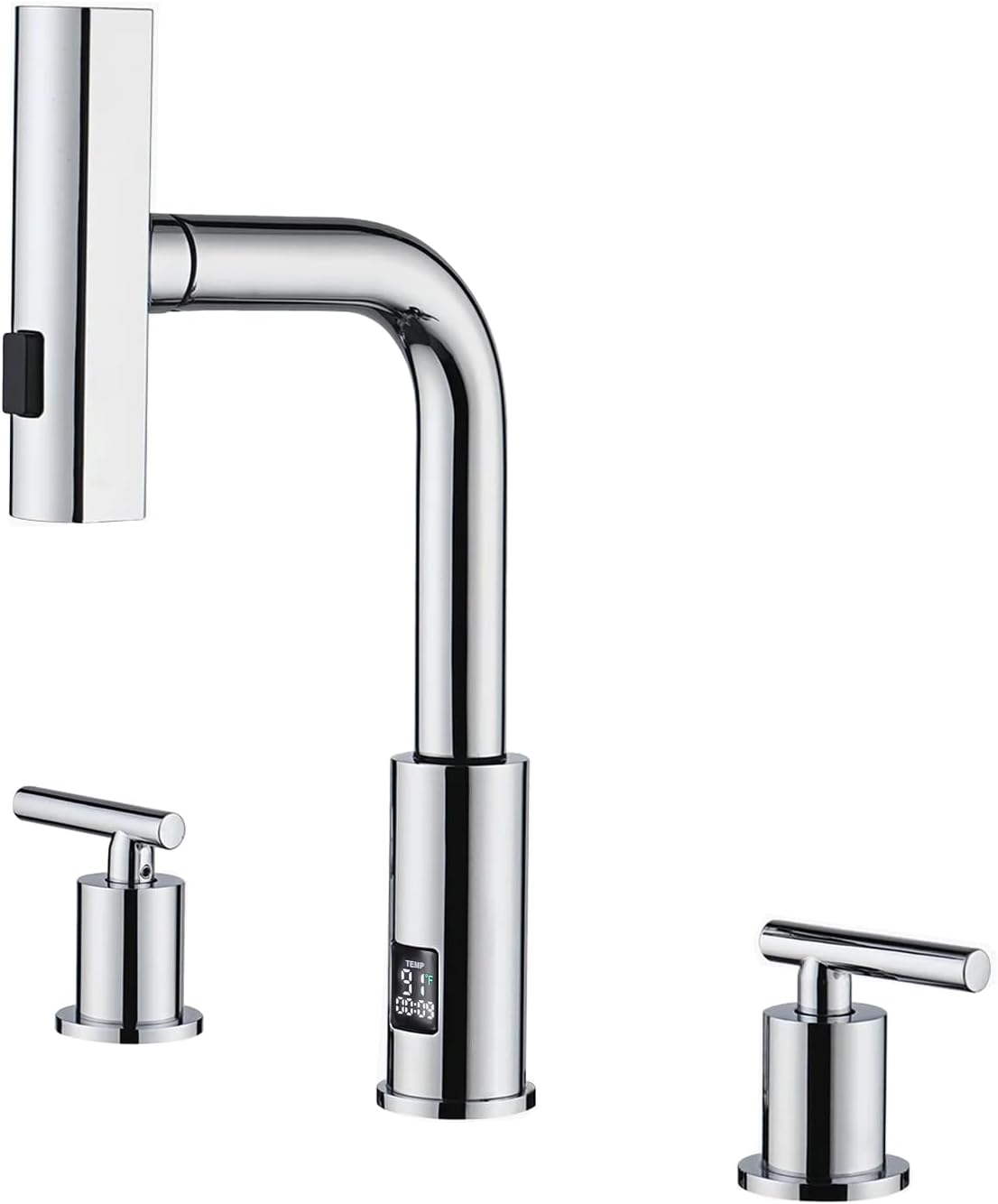 lefton waterfall pull-out bathroom faucet 3 hole with temperature display in fahrenheit (battery-free), 8-inch widespread vanity faucet for bathroom sink with 2 handles, chrome, bfws2401-1