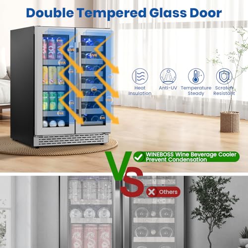 Image of 24 Inch Wine and Beverage Refrigerator, Dual Zone Wine Cooler Refrigerator- 20 Bottles & 88 Cans with Stainless Steel Racks, Under Counter /Freestanding Beverage Fridge for Drink /Beer /Wine