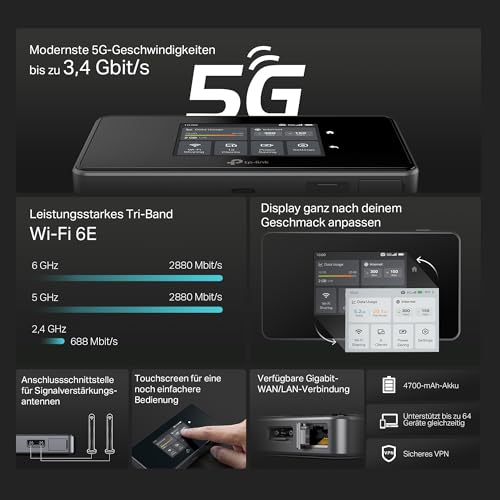 TP-Link M8550 5G LTE Mobiler WLAN Router - Bis zu 3,4 Gbit/s, Tri-Band Wi-Fi 6E, Nano-SIM-Karten Slot, Gigabit WAN/LAN, 4680 mAh Akku, Touchscreen, Wireguard, bis zu 32 Ger&auml;te