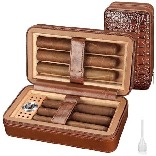 KEJIAR Cigar Humidors Cedar Wood Cigar Humidor Box with Humidifier and Hygrometer, Travel Cigar Case with Gift Box Removable Cedar Tray, Leather Cigar Humidifier Box Holds 6 Cigars (M)