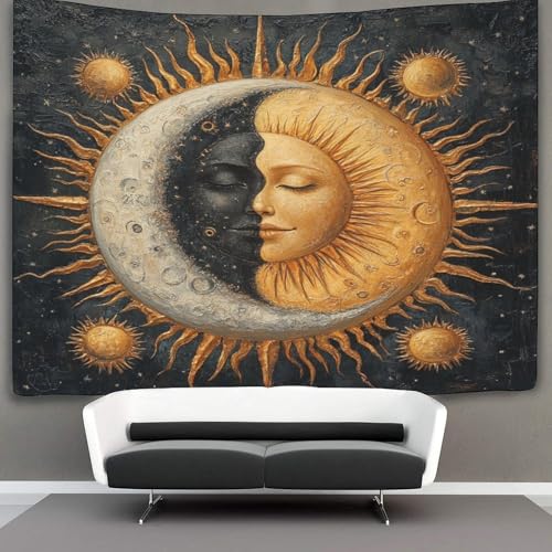 Tapisserie soleil et lune de 180x230cm grand format imprimé noir et blanc pour déco murale