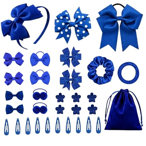 70Pcs Royal Blue Girls Hair Accessiories Set with 12 Styles Blue School Bow Hair Clips Hair Bands Ponytail Holder Elastics Bands Hair Barrettes Hair Styling Accessories for Kids Girls Birthday Gift