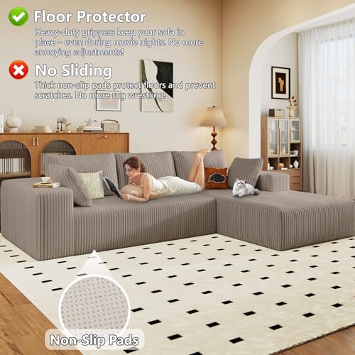 Image of 96 inch Modular Sectional Sofa, Modern Corduroy Cloud Couch with Deep Seat, Boneless Couch Upholstered 3-Seater L-Shaped Sofa for Living Room, No Assembly Required (Camel, Right-Facing Chaise)