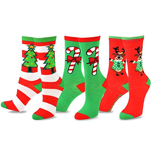 TeeHee Christmas and Holiday Fun Crew Socks for Women 3 Pair Pack (Reindeer Tree & Candy Cane)