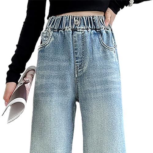 Tween Girls' Baggy Jeans with Embroidered Back Pocket Elastic Waist Loose Trousers Wide Leg Denim Pants4