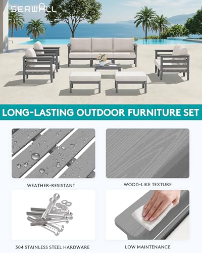 Image of SERWALL HDPE Outdoor Furniture Set, 10 Pieces Patio Sectional Sofa Set | All-Weather Wood-Like Outdoor Sofa Couch with Coffee Table, Modular Design for Flexible Combination