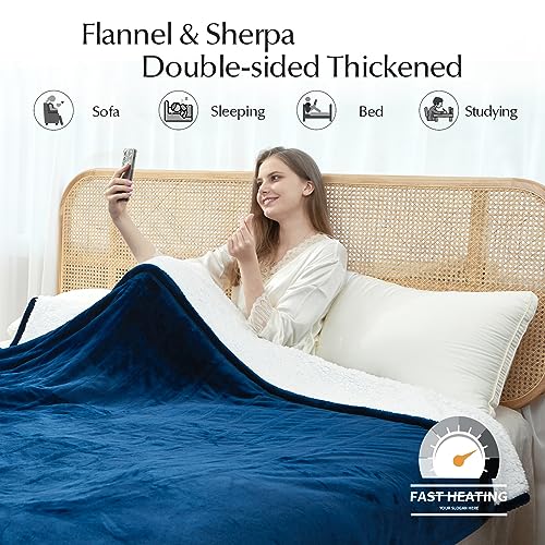Electric Heated Blanket Twin Size, Soft and Cozy Thickened Flannel and Sherpa Electric Blanket for Bed, Automatic Safety System 6 Heating Levels & 10 Hours Auto-Off, 62"x84" Pageant Blue